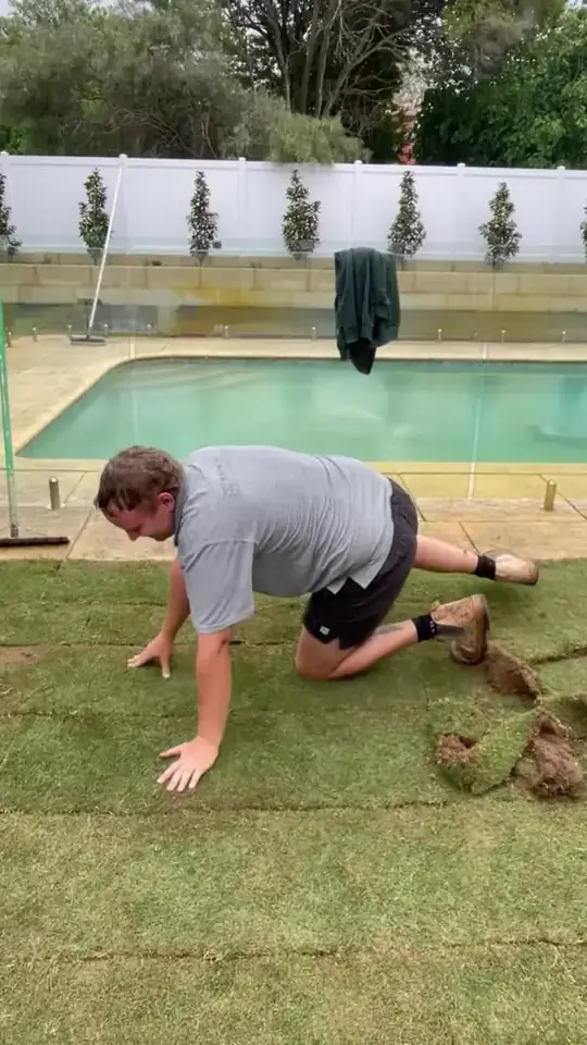 Crew laying turf beside the pool